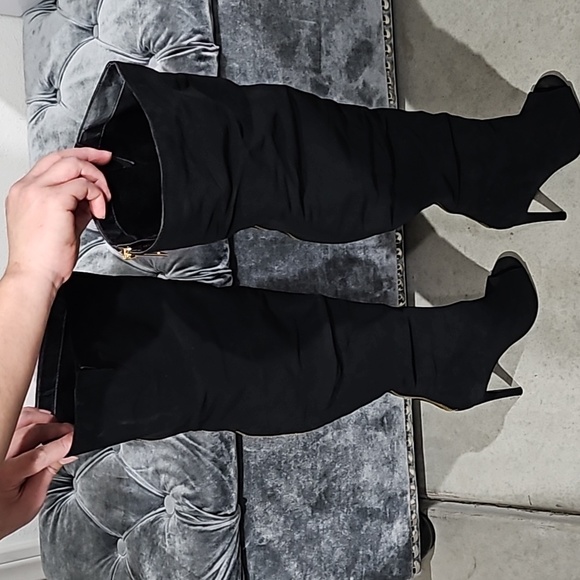 Black Velvet Peep Toe Above Knee Heel Boots - Picture 2 of 7